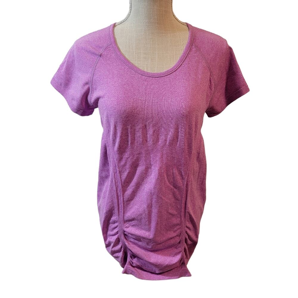 Athleta Fast Track Tee Ruched Heathered Pink Short Sleeve Top Size Large